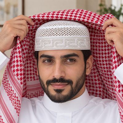 طاقية مطرّزة بإطار هندسي — تحت الشماغ