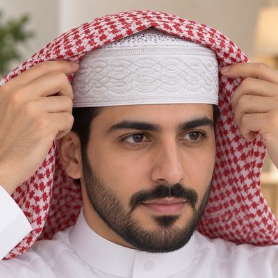 Embroidered Kufi – Braid — worn under a shemagh