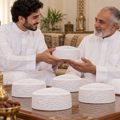 Embroidered Kufi – Braid — in a majlis setting