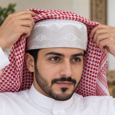 Embroidered Kufi – Wave — worn under a shemagh