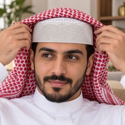 طاقية مطرّزة بنقشة الأقواس — تحت الشماغ