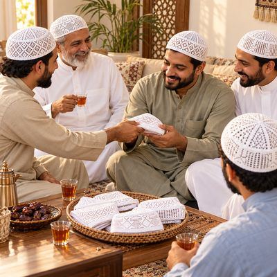 Openwork Kufi Set of 12 – Collection I — in a majlis setting
