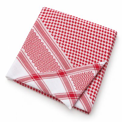Red & White Shemagh – Fine Check, Chevron Border — folded, on white