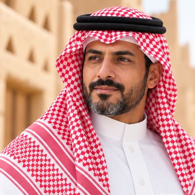 Man wearing a red-and-white shemagh in a Najdi-style courtyard